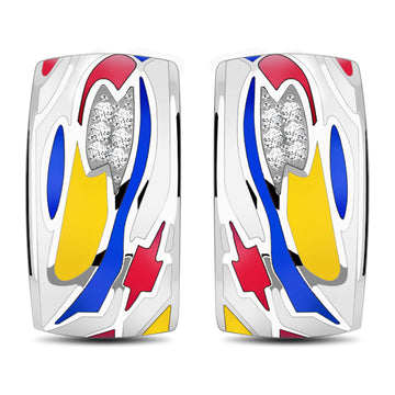 Flame Of Hope Enamel Zirconia Sterling Silver Omega Clip Earrings
